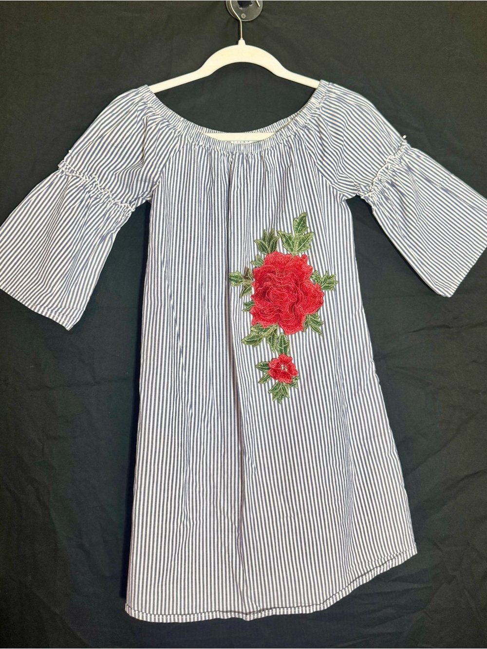 Girls Blue & White Stripe Off-Shoulder Dress with Red Floral Applique
